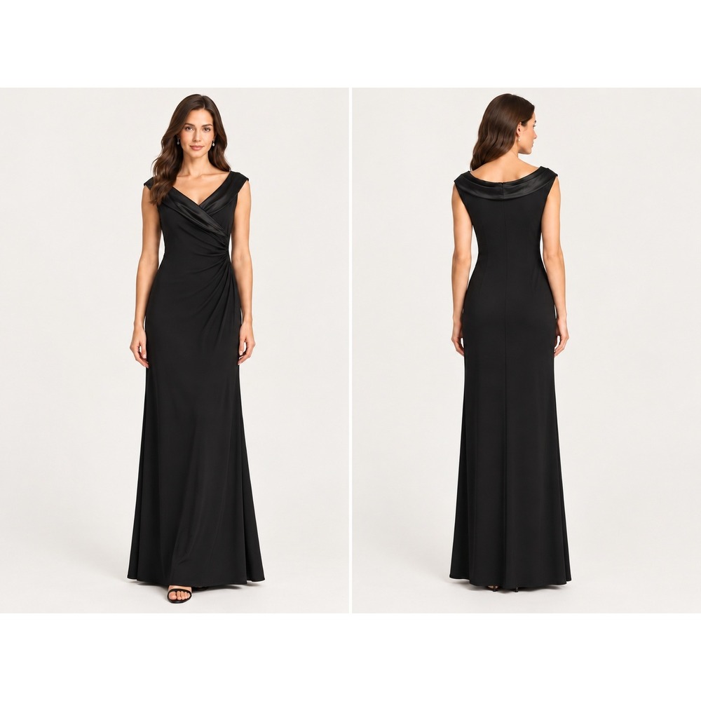 Lauren Ralph Lauren Dress Women 6 Black Maxi Gown Draped Ruched Formal Evening